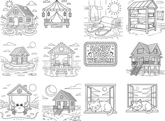 Collection of Cartoon Beach Houses and Coastal Scenes for Coloring cottage seaside