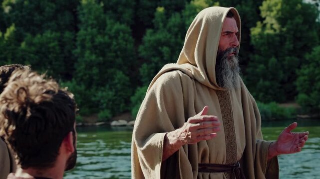 A cinematic video still shows a bearded man in a hooded robe speaking passionately by a river, captured from a side angle with lush greenery in the background.