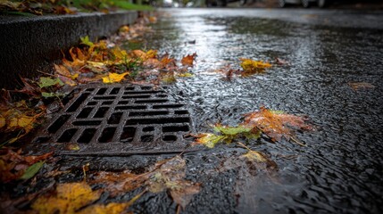 Storm Water Management: Metal Storm Drain Cover in Suburban Area During Rainfall