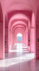 Obraz premium Pink arched hallway with a view
