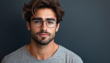 Obraz premium Stylish Man Sporting A Grey Top And Trendy Glasses Exudes Handsomeness With His Appealing Appearance And Fashionable Attire.