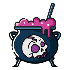 Witch cauldron bubbles a pink potion with a skull detail.