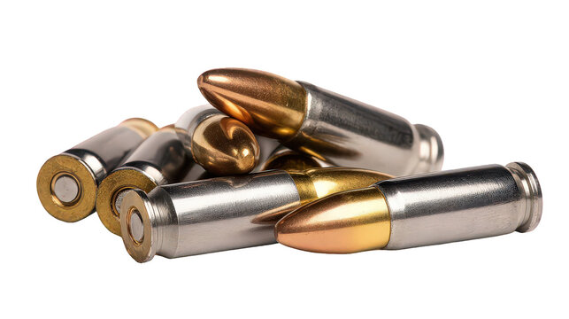 Close-up of Silver and Gold Bullets on Transparent Background