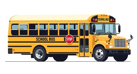 A bright yellow school bus with a stop sign extended, depicted in a clear, side-view illustration on a white background.