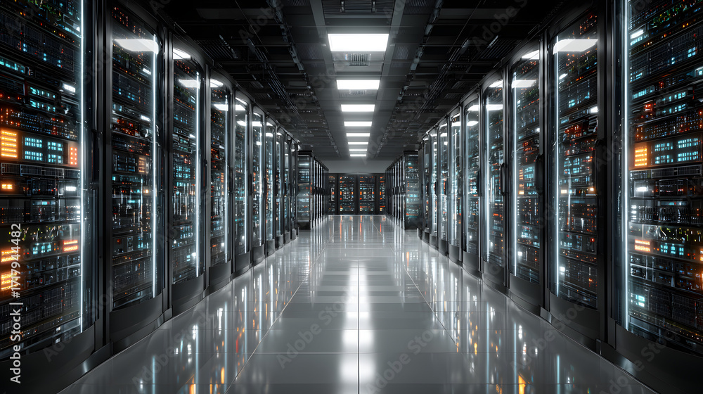 Aufkleber depict a state of the art data center with rows of server racks, cooling systems, and redundant powe