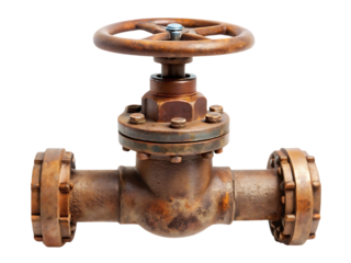 Rusty pipe with a round valve on it isolated on white background ,PNG. AI Generated