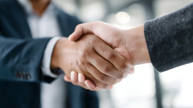 Two professionals shaking hands symbolizing a business agreement and successful partnership in an office setting