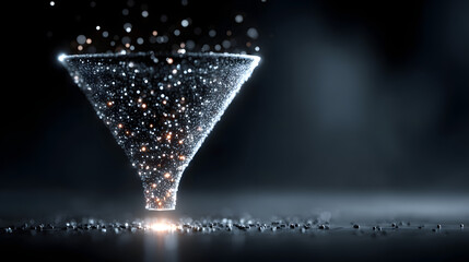 Big data technology and information funnel concept. Large digital funnel with online data as process of data collection, analysis, and transformation into useful information. Modern, digital style.