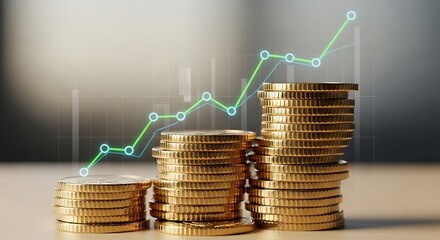 Growing stack of gold coins with a rising financial graph overlay