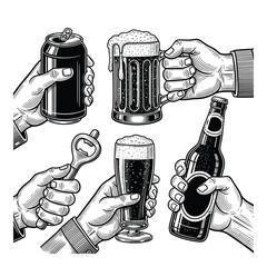 Vintage hand drawn beer collection featuring cans mugs bottles and openers silhouette