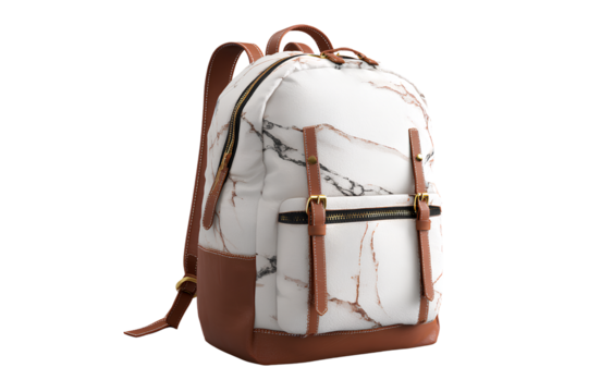a white backpack with brown trim and a marble pattern, no background, transparent - Powered by Adobe