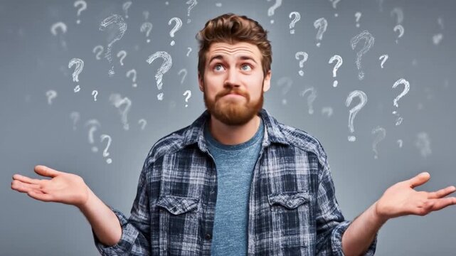 Confused young man with beard in plaid shirt surrounded by floating question marks