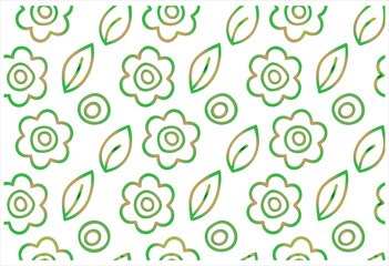 White Floral Seamless Pattern with Green Leaf Line Art Vector Design