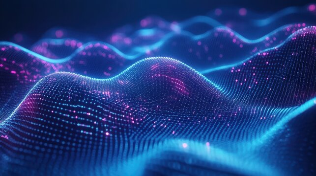 A dynamic 3D illustration featuring flowing streams of cyber big data and blockchain data fields intertwined with visual representations of scientific research and music waves.