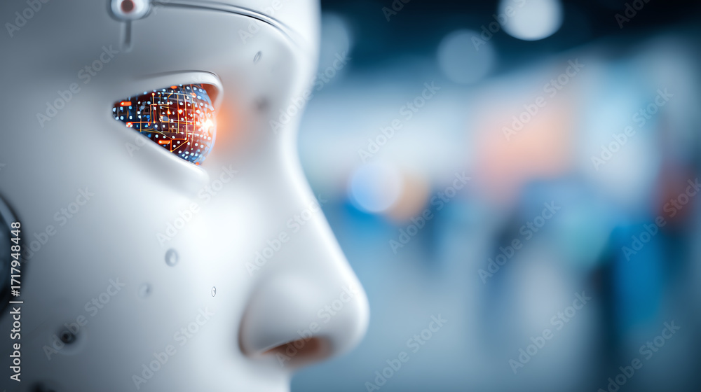 Aufkleber a close-up view of a futuristic robot's face, showcasing advanced artificial intelligence and intric