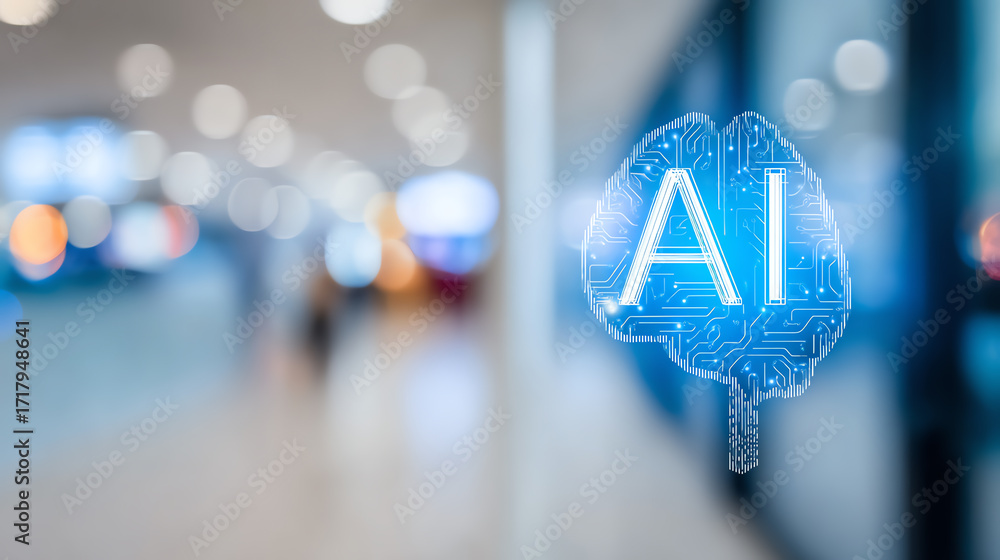 Aufkleber a close-up view of an illuminated ai brain symbol with a blurred background, representing innovation