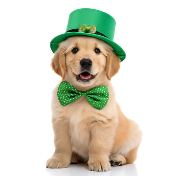 Golden retriever puppy wearing a green st patrick's day hat and bow tie on a white background