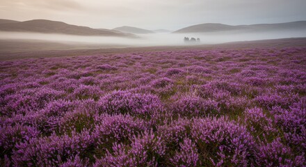 Obraz premium Misty Moorland Breathtaking Heather Landscape Photography