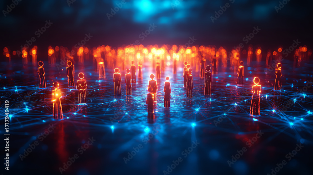 Poster a digital network of glowing figures representing connection and communication in a modern data-driv