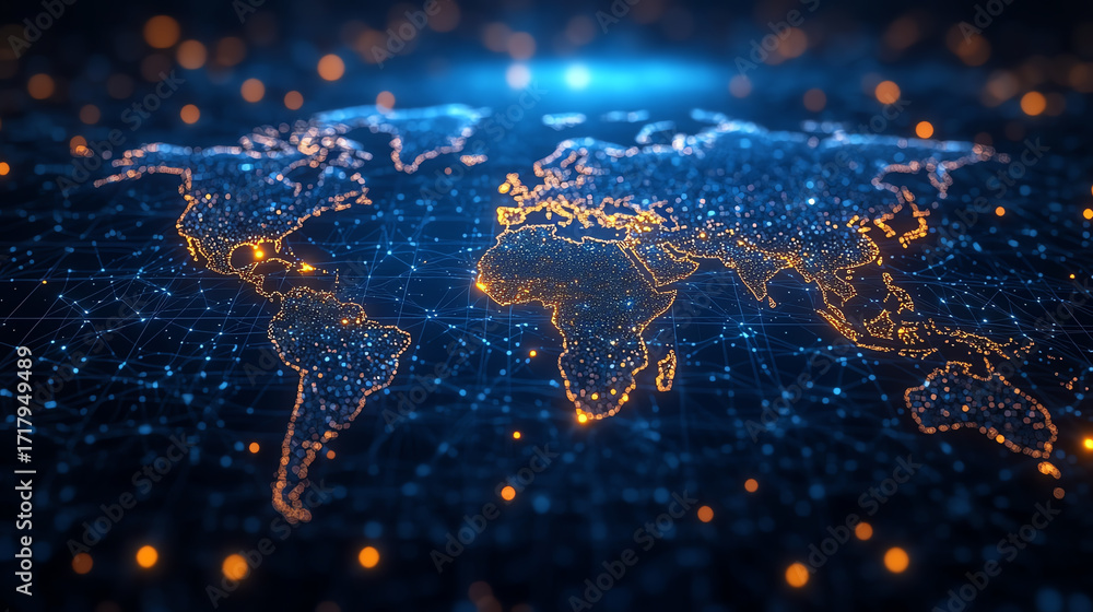 Aufkleber a digital representation of the world map, featuring glowing connections and data points, symbolizin