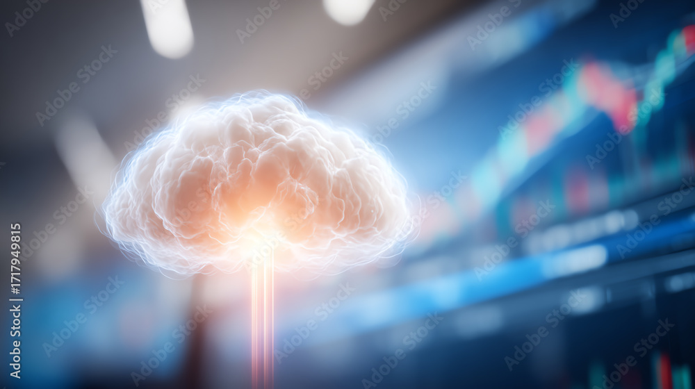 Aufkleber a futuristic cloud representing data analytics, set against a backdrop of financial graphs and techn