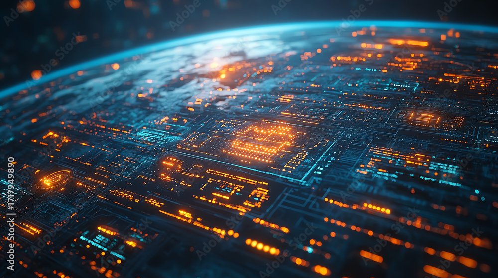 Aufkleber a futuristic digital landscape showcasing vibrant circuits and glowing patterns, symbolizing advance