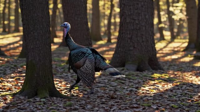A low-angle video captures a wild turkey in a sunlit forest, showcasing its vibrant tail feathers against a backdrop of trees and fallen leaves.