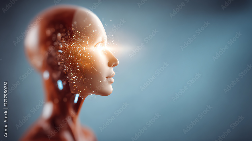 Aufkleber a futuristic humanoid robot with glowing eyes, symbolizing advanced ai and innovation, reflecting on