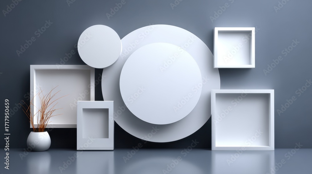 Poster geometric shapes and forms create a stylish display against a smooth grey wall, providing ample spac