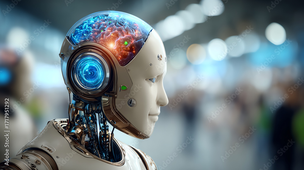 Aufkleber a futuristic robot featuring a transparent head revealing a colorful neural network, symbolizing adv