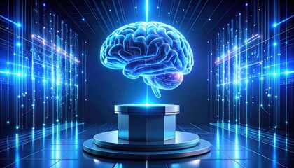 Futuristic glowing brain with AI, technology, digital innovation, and podium.