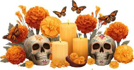 Day of the Dead altar adorned with marigolds, skulls, and monarch butterflies.