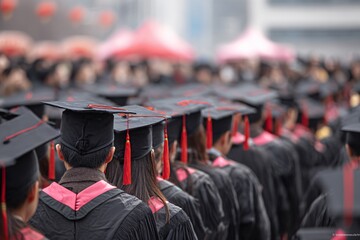 celebration, a group of students wearing black gowns and caps, attending a graduation ceremony outdoors, viewed from behind.