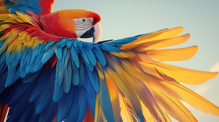 Obraz premium A dynamic photo capturing a macaw in mid-flight, its wings fully spread against a clear sky.