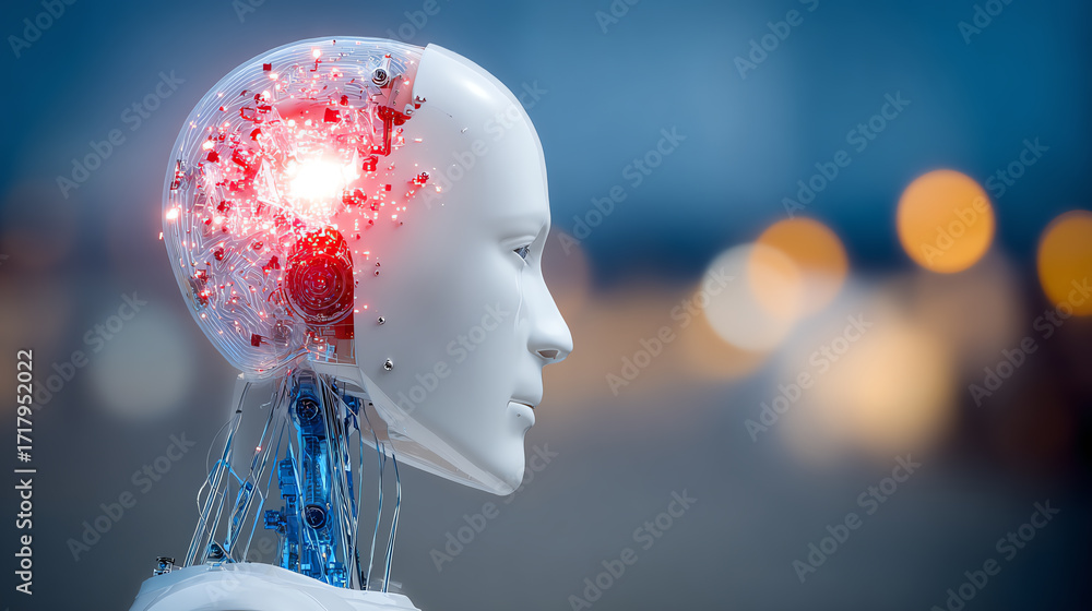 Aufkleber a futuristic robotic head with a glowing brain and intricate details, representing the advancement o