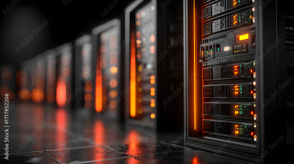 Aufkleber close-up of illuminated server racks in a data center, highlighting cloud computing, cybersecurity, 