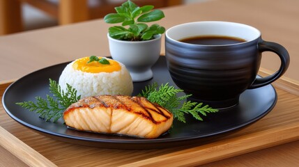 Traditional Japanese breakfast set featuring grilled salmon, rice, and coffee with a serene dining atmosphere