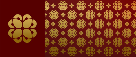 Seamless Chinese New Year Pattern, Red and Gold Asian Floral Background with Isolated Icon