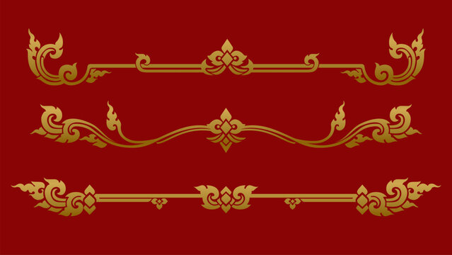 Set of Golden Lai Thai Borders, Traditional Kanok Art Line Dividers for Classic Thai Design
