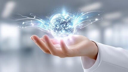 Human Hand Holding Glowing Digital Network Sphere Representing Global Technology and Future Innovation