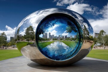 Giant reflective sphere with city view inside