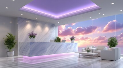 Luxurious Modern Reception Lobby with Marble Desk, Ocean View, and Vibrant Sunset Sky