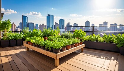 Fototapeta premium Lush rooftop vegetable garden with various fresh herbs on a sunny terrace overlooking a city skyline