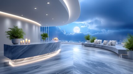Modern rooftop lounge with city skyline under a full moon, featuring marble surfaces, ambient lighting, and lush plants.