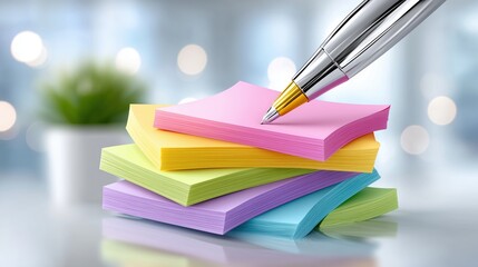 Pen poised over a colorful stack of sticky notes, symbolizing ideas and organization in a bright office setting.