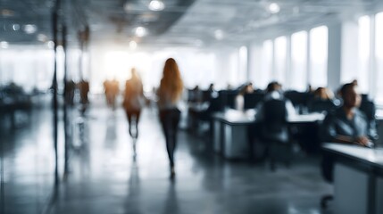 Modern office interior with blurred figures of employees working and walking in a bright dynamic space