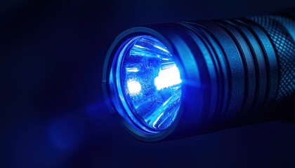 Bright Blue Led Flashlight Illuminated Up Close, Casting A Strong Beam Of Light In The Darkness. Illuminate Your Surroundings.