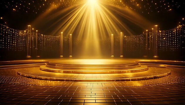 Golden stage lit by bright spotlights