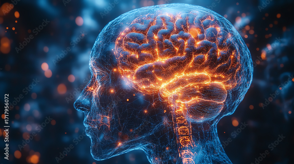 Poster a vibrant depiction of the human brain with glowing neural connections showcasing the complexity of 