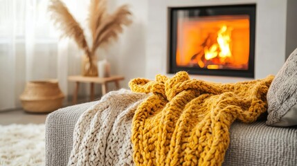 A cozy interior scene features a warm fireplace with a bright, crackling fire. A comfortable gray sofa is draped with a chunky, mustard-colored knitted blanket and a soft, gray throw pillow.